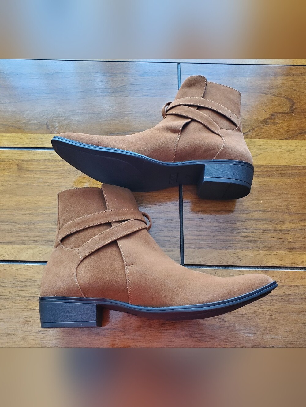 Men's Tan Suede Wrap-Strap Ankle Boots